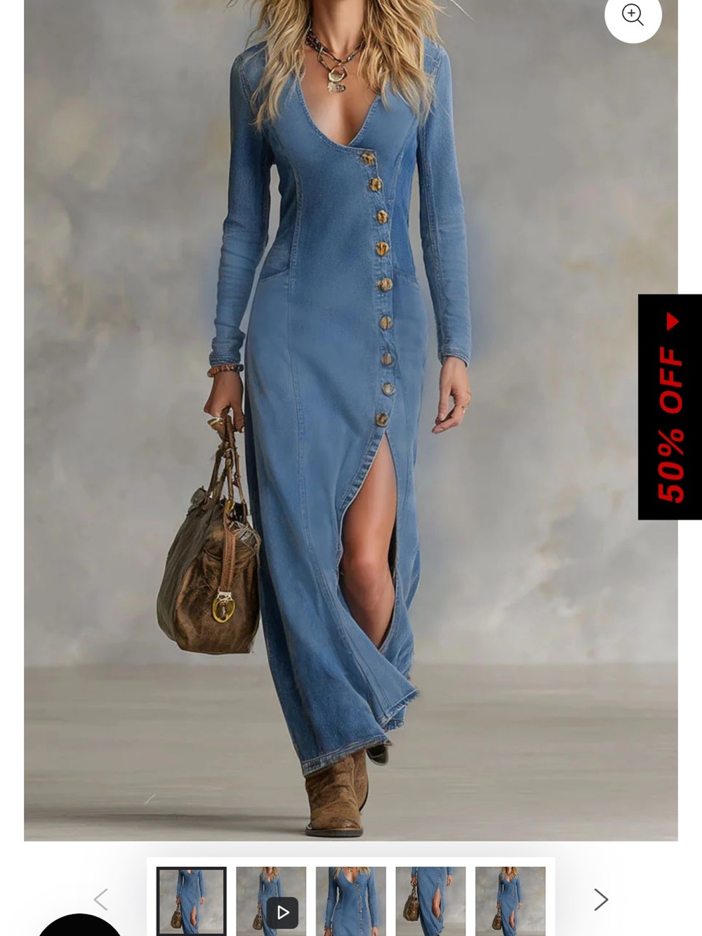V-Neck Long Sleeve Maxi Dress with Asymmetric Button Front — Denim Blue